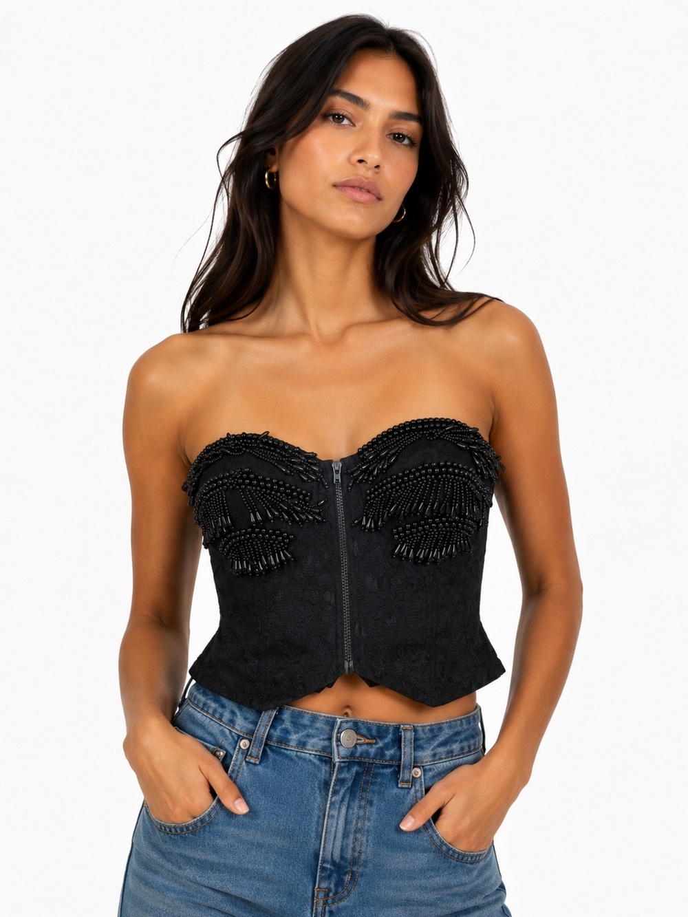 70s European Vintage Beaded Bustier Corset Jacquard Floral Top (Black) Large